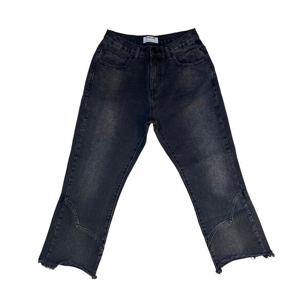 One Teaspoon Black Oak Jeans 24 Cropped Kick Flare Raw Hem Rigid Denim Pants - Picture 3 of 9